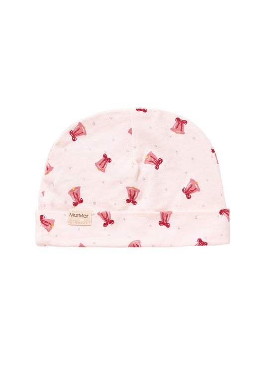 Cream-colored hat with red Christmas bells for newborn