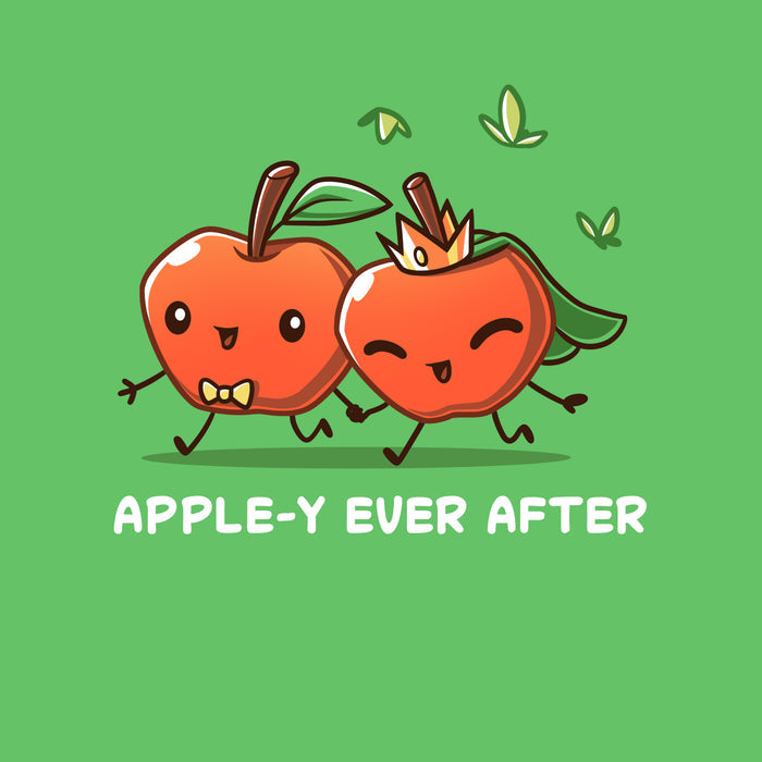 Premium Cotton T-shirt_TeeTurtle Apple-y Ever After apple t-shirt featuring two animated apples with happy faces holding hands, one wearing a bow tie and the other a crown and veil. The text "APPLE-Y EVER AFTER" is displayed below.