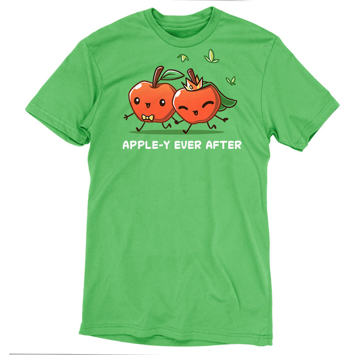 Premium Cotton T-shirt_TeeTurtle Apple-y Ever After apple t-shirt featuring two animated apples with happy faces holding hands, one wearing a bow tie and the other a crown and veil. The text "APPLE-Y EVER AFTER" is displayed below.