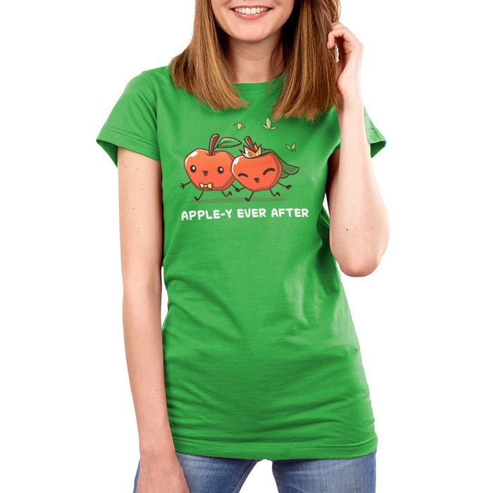 Premium Cotton T-shirt_TeeTurtle Apple-y Ever After apple t-shirt featuring two animated apples with happy faces holding hands, one wearing a bow tie and the other a crown and veil. The text "APPLE-Y EVER AFTER" is displayed below.