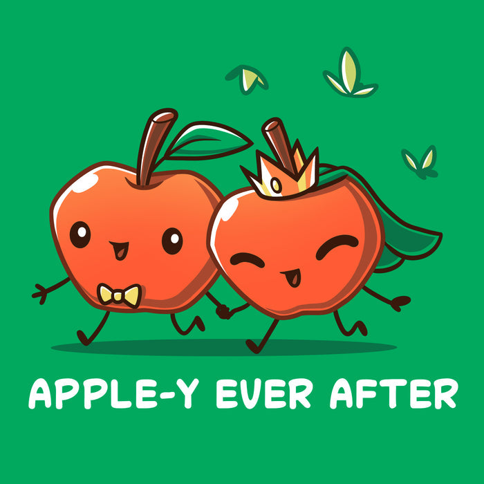 Classic Cotton T-shirt_TeeTurtle Apple-y Ever After Irish green t-shirt featuring two animated apples with happy faces holding hands, one wearing a bow tie and the other a crown and veil. The text "APPLE-Y EVER AFTER" is displayed below.