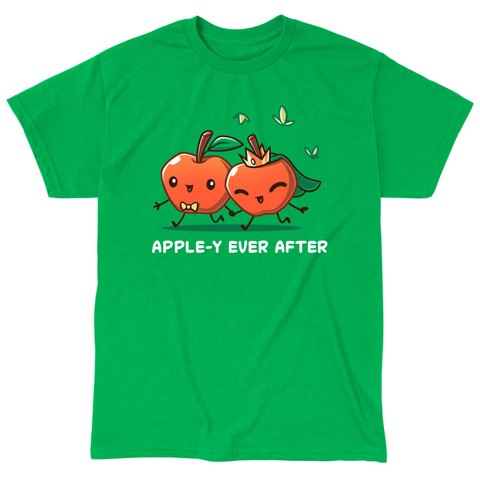 Classic Cotton T-shirt_TeeTurtle Apple-y Ever After Irish green t-shirt featuring two animated apples with happy faces holding hands, one wearing a bow tie and the other a crown and veil. The text "APPLE-Y EVER AFTER" is displayed below.