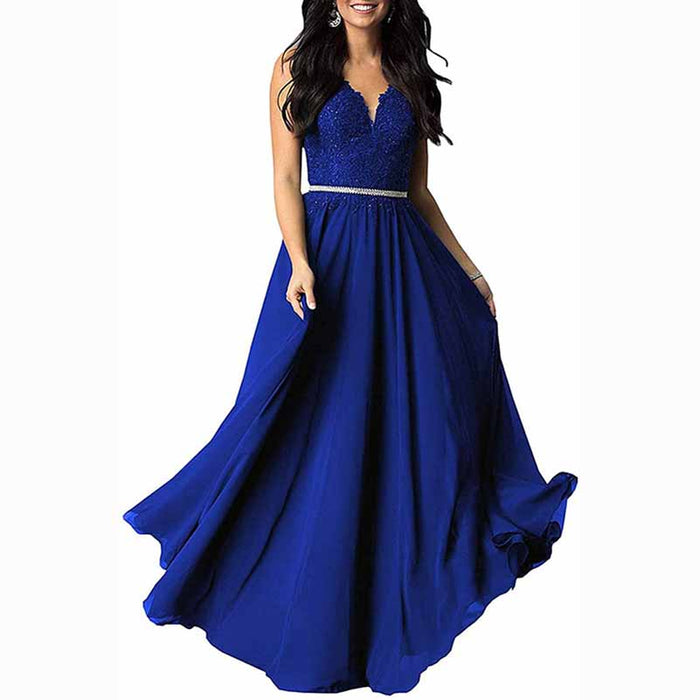 Applique Chiffon Long Bridesmaid Dress Wedding Guest Dress With Beads Belt