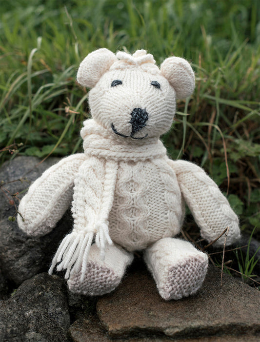 Aran Wool Teddy Bear with Scarf - White #color-white