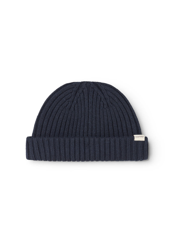 Dark blue straw hat with ribbed edge and embossed pattern stripes.