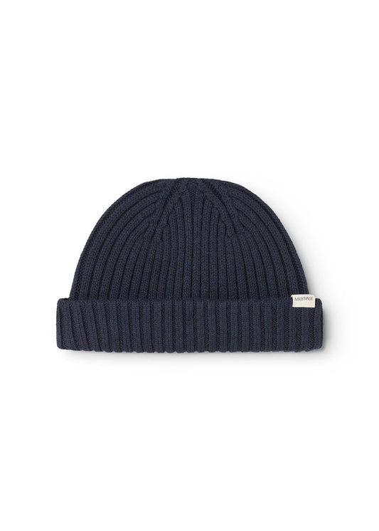 Dark blue straw hat with ribbed edge and embossed pattern stripes.