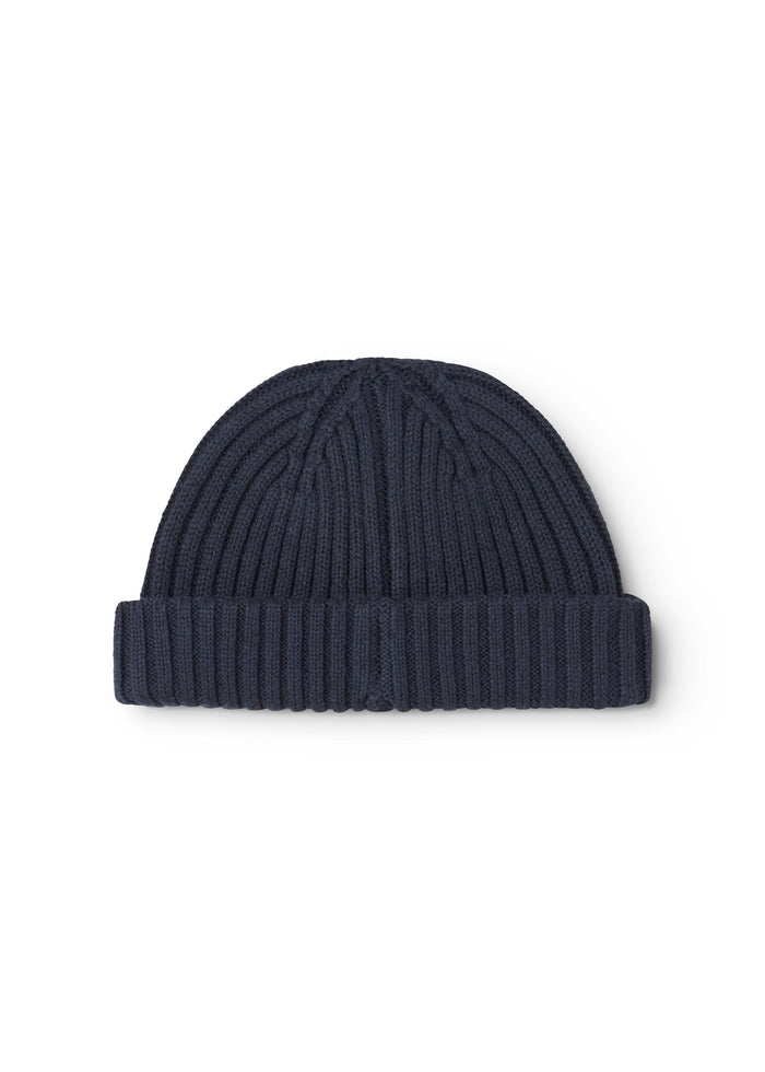 Dark blue striped hat with ribbed edge and patterned top.