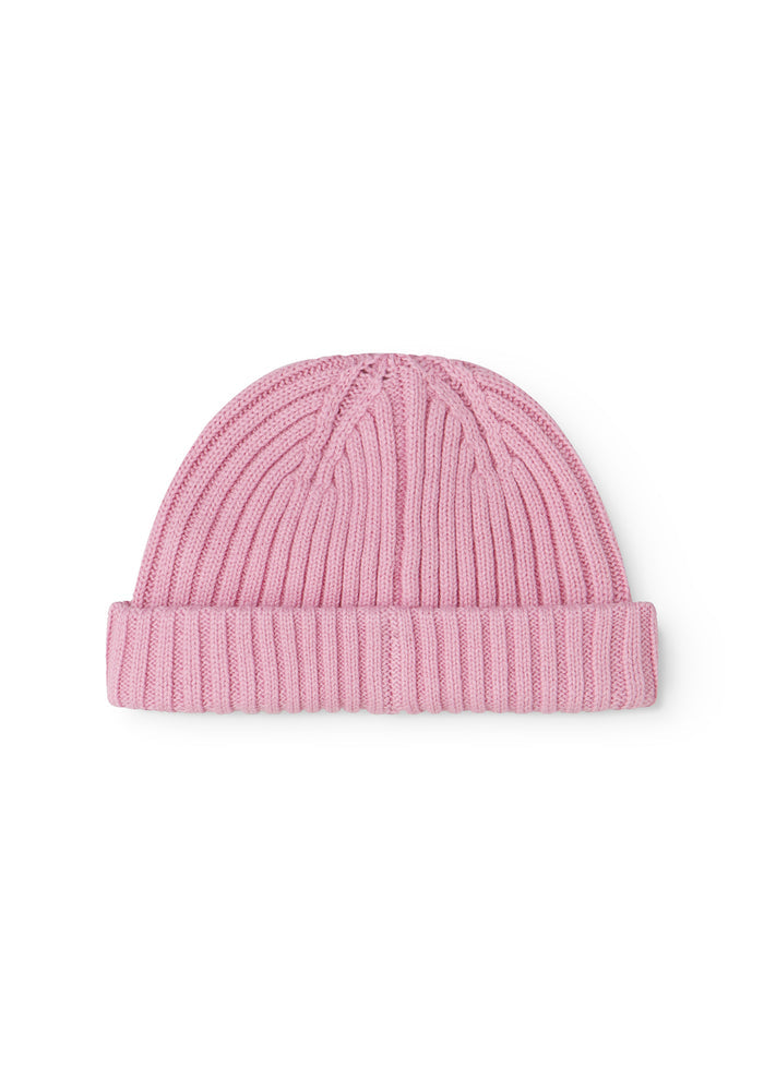 Pink striped hat with ribbed stripe and round top, tightly knitted edge