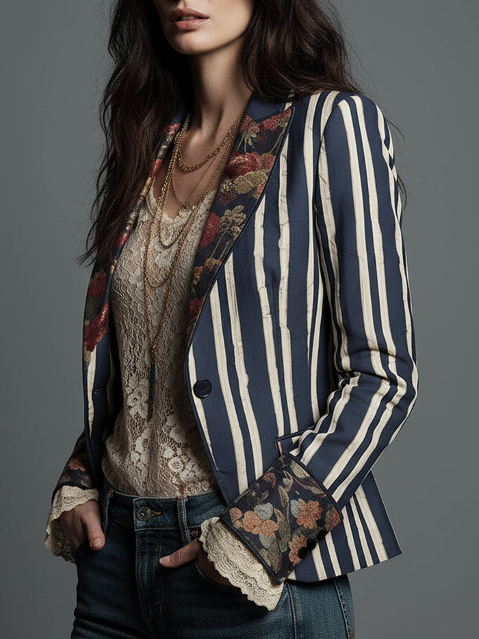 Avenorix - Blazer femme rayé bohème à imprimé floral vintage chic
