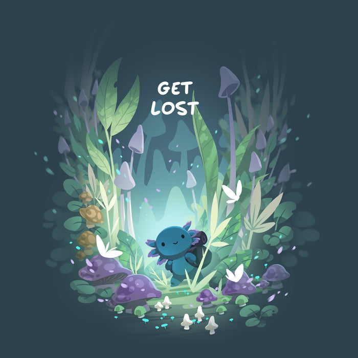 Premium Cotton T-shirt_TeeTurtle Axolotl Explorer denim blue t-shirt featuring an axolotl surrounded by vibrant, mystical forest plants and mushrooms, with the phrase "get lost" at the top.