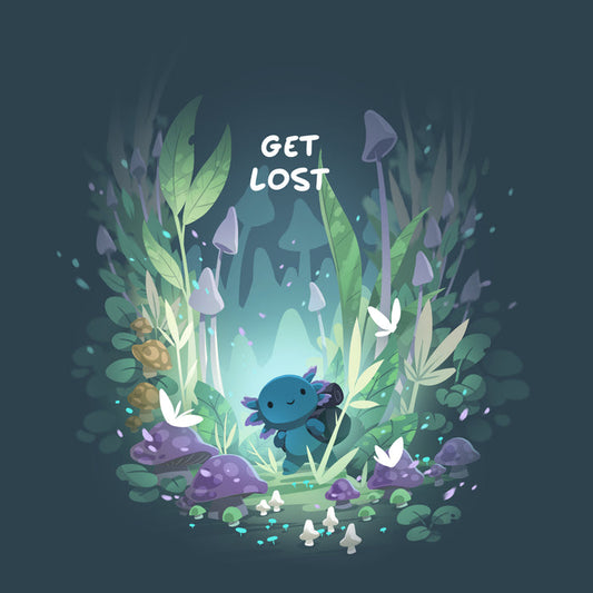 Premium Cotton T-shirt_TeeTurtle Axolotl Explorer denim blue t-shirt featuring an axolotl surrounded by vibrant, mystical forest plants and mushrooms, with the phrase "get lost" at the top.