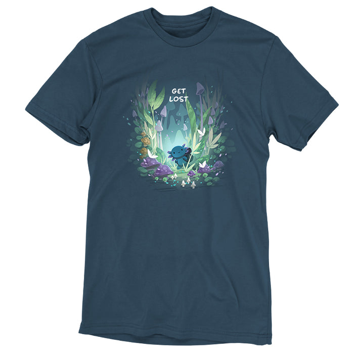 Premium Cotton T-shirt_TeeTurtle Axolotl Explorer denim blue t-shirt featuring an axolotl surrounded by vibrant, mystical forest plants and mushrooms, with the phrase "get lost" at the top.