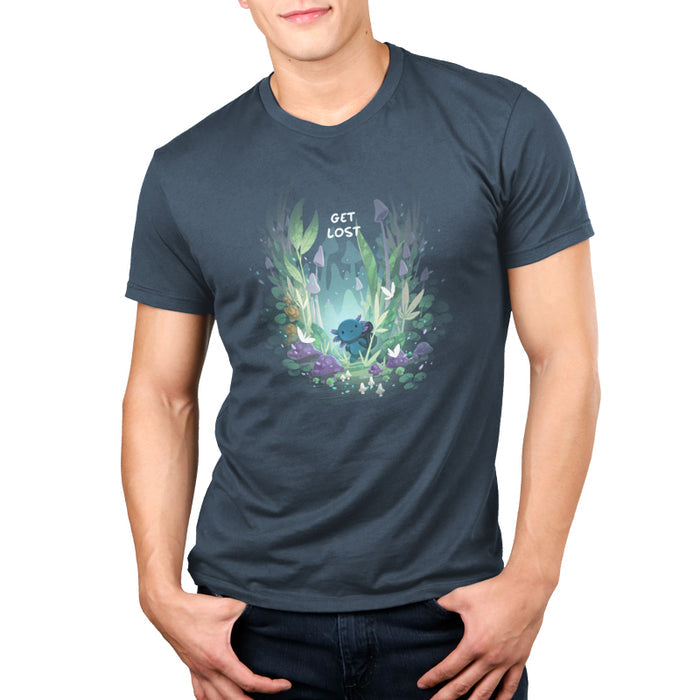 Premium Cotton T-shirt_TeeTurtle Axolotl Explorer denim blue t-shirt featuring an axolotl surrounded by vibrant, mystical forest plants and mushrooms, with the phrase "get lost" at the top.