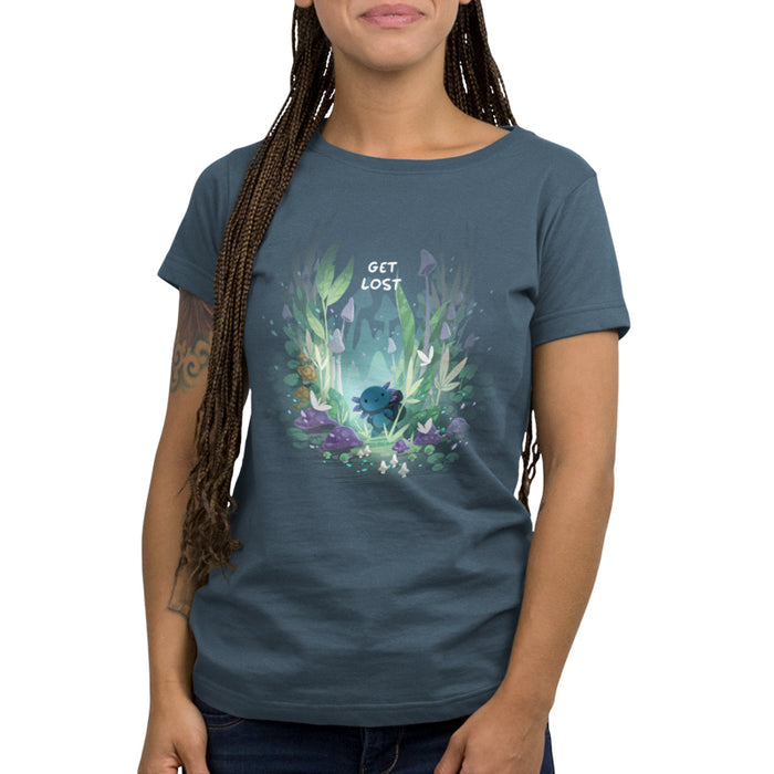 Premium Cotton T-shirt_TeeTurtle Axolotl Explorer denim blue t-shirt featuring an axolotl surrounded by vibrant, mystical forest plants and mushrooms, with the phrase "get lost" at the top.