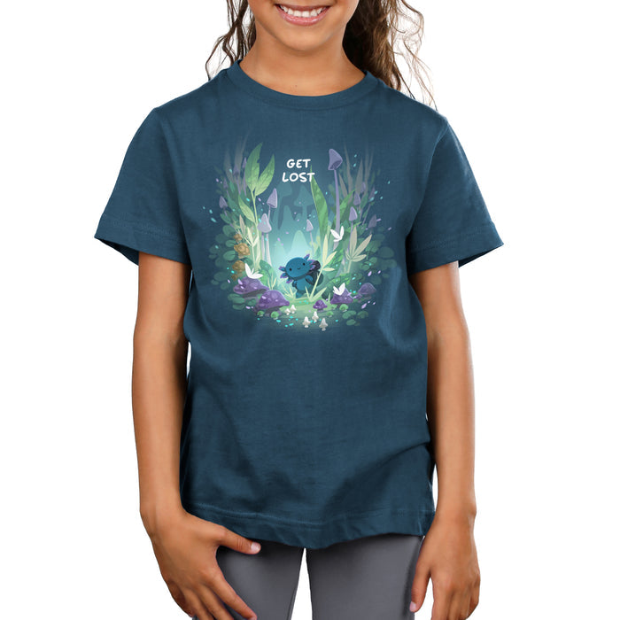 Premium Cotton T-shirt_TeeTurtle Axolotl Explorer denim blue t-shirt featuring an axolotl surrounded by vibrant, mystical forest plants and mushrooms, with the phrase "get lost" at the top.