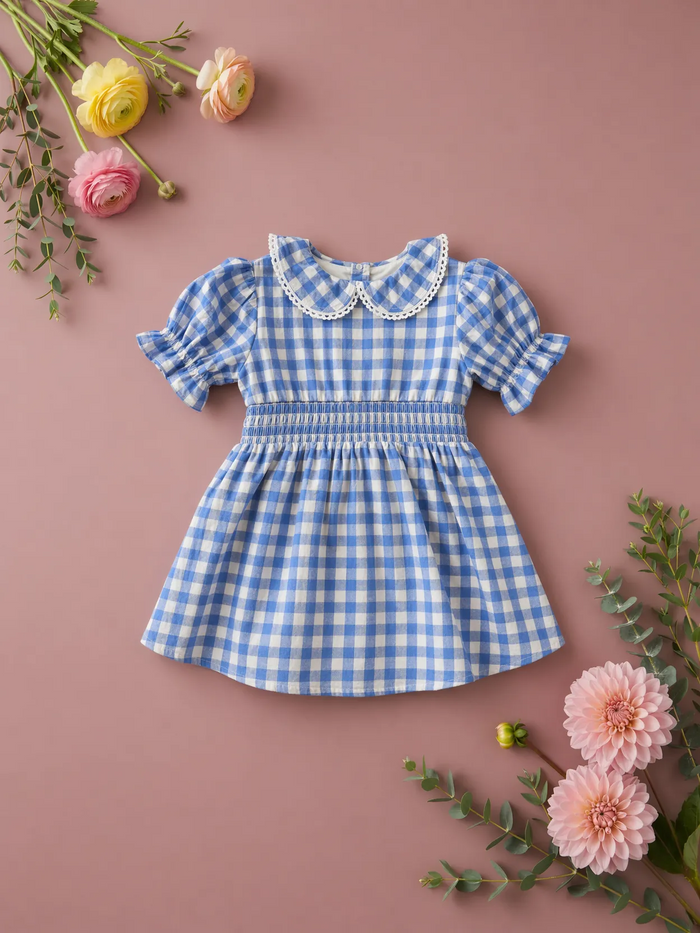 The Baby Hannah Dress Set in Blue Gingham by Ivy City Co, featuring puff sleeves and a lace-trimmed collar, is displayed laid flat on a pink background and surrounded by assorted pink and yellow flowers with greenery—this hand-smocked dress beautifully captures the charm of springtime.