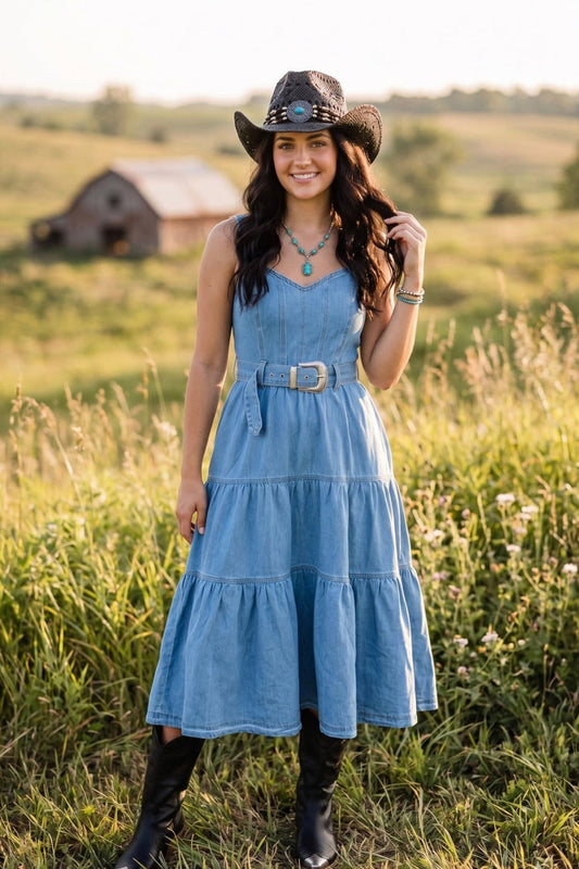 Light wash tiered denim midi dress with western belt styled with black cowboy boots and turquoise jewelry for a country concert or rodeo outfit.