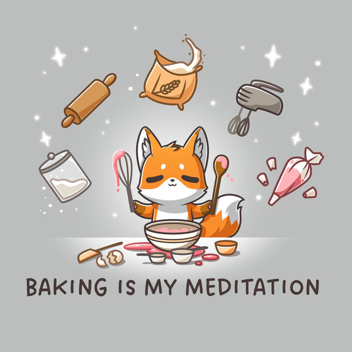 Premium Cotton T-shirt_TeeTurtle silver gray Baking Is My Meditation t-shirt featuring a peaceful fox in front of a bowl of batter holding baking tools with other baking tools floating around it in an arc.