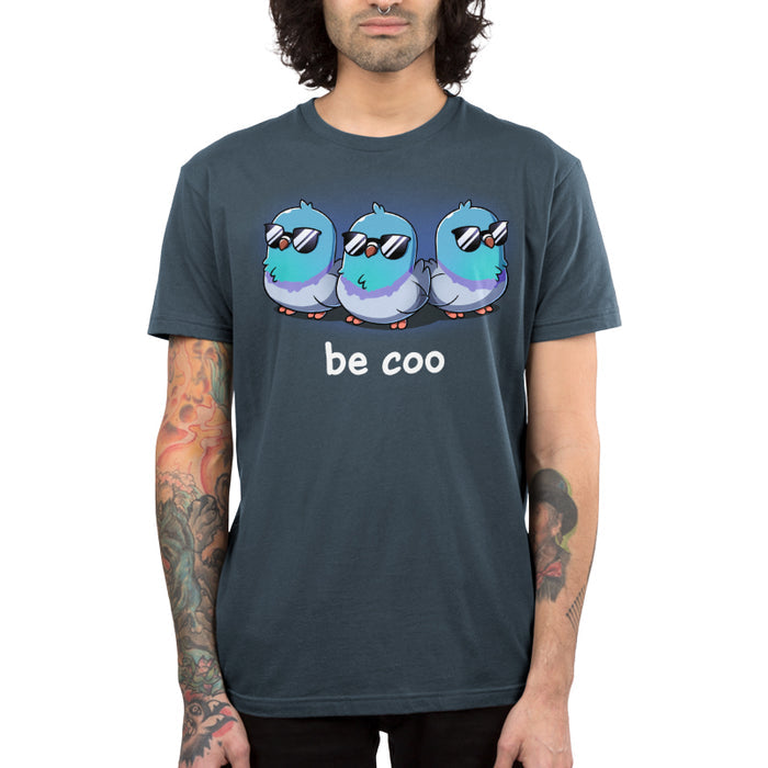 Premium Cotton T-shirt_TeeTurtle denim blue Be Coo apparel featuring three pigeons wearing sunglasses with the caption, “be coo“.