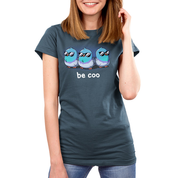 Premium Cotton T-shirt_TeeTurtle denim blue Be Coo apparel featuring three pigeons wearing sunglasses with the caption, “be coo“.