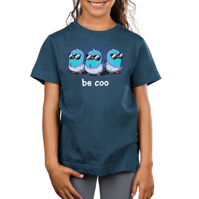 Premium Cotton T-shirt_TeeTurtle denim blue Be Coo apparel featuring three pigeons wearing sunglasses with the caption, “be coo“.