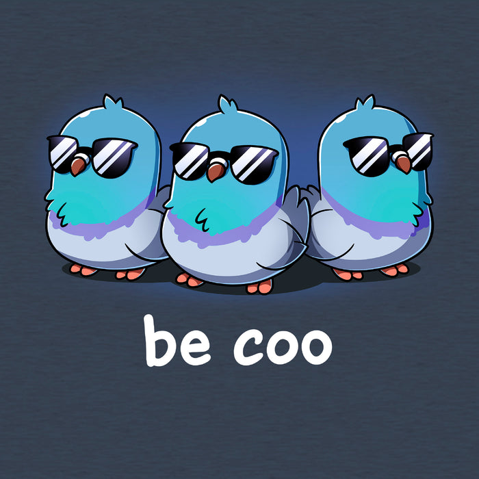 Classic Cotton T-shirt_TeeTurtle heather navy Be Coo apparel featuring three pigeons wearing sunglasses with the caption, “be coo“.