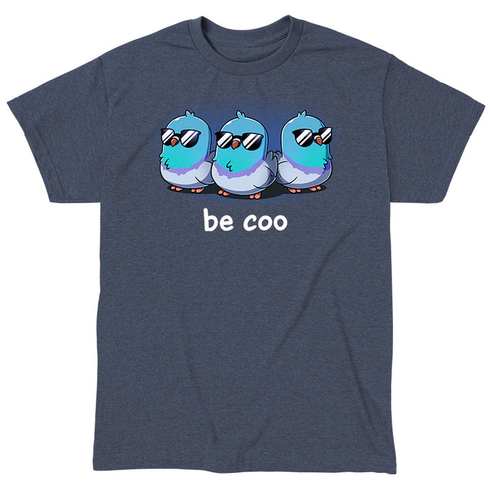 Classic Cotton T-shirt_TeeTurtle heather navy Be Coo apparel featuring three pigeons wearing sunglasses with the caption, “be coo“.