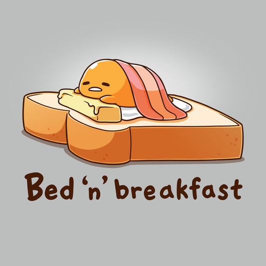 Premium Cotton T-shirt_TeeTurtle silver gray Bed 'n' Breakfast (Gudetama) apparel featuring Gudetama using a piece of toast as a bed, a slice of butter as a pillow, and bacon as a blanket.
