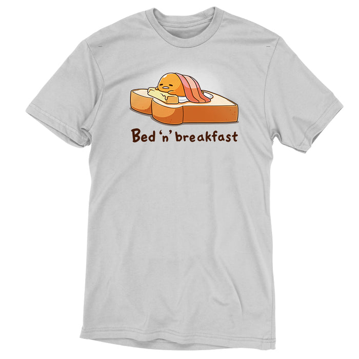 Premium Cotton T-shirt_TeeTurtle silver gray Bed 'n' Breakfast (Gudetama) apparel featuring Gudetama using a piece of toast as a bed, a slice of butter as a pillow, and bacon as a blanket.