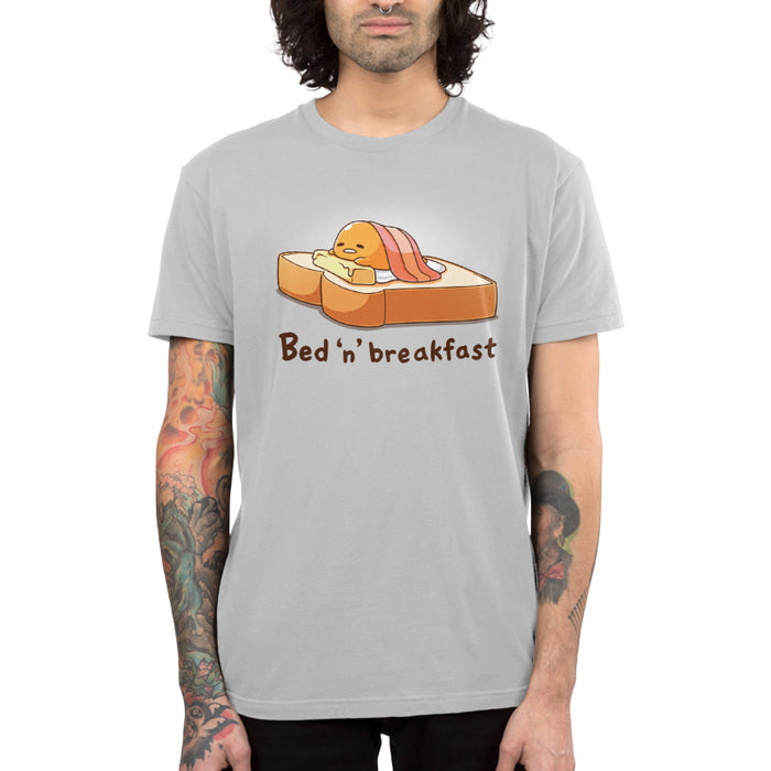 Premium Cotton T-shirt_TeeTurtle silver gray Bed 'n' Breakfast (Gudetama) apparel featuring Gudetama using a piece of toast as a bed, a slice of butter as a pillow, and bacon as a blanket.
