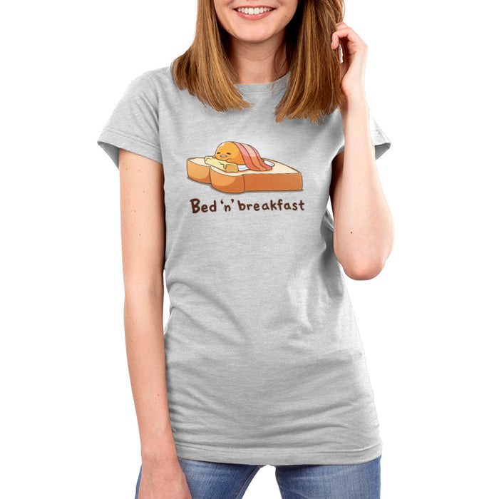 Premium Cotton T-shirt_TeeTurtle silver gray Bed 'n' Breakfast (Gudetama) apparel featuring Gudetama using a piece of toast as a bed, a slice of butter as a pillow, and bacon as a blanket.