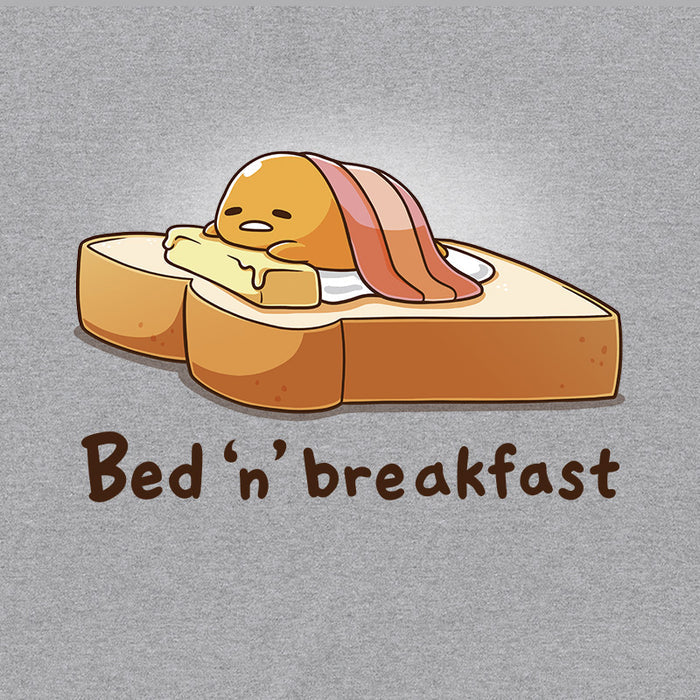 Classic Cotton T-shirt_TeeTurtle heather gray Bed 'n' Breakfast (Gudetama) apparel featuring Gudetama using a piece of toast as a bed, a slice of butter as a pillow, and bacon as a blanket.