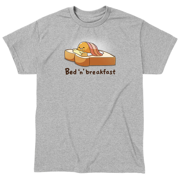 Classic Cotton T-shirt_TeeTurtle heather gray Bed 'n' Breakfast (Gudetama) apparel featuring Gudetama using a piece of toast as a bed, a slice of butter as a pillow, and bacon as a blanket.
