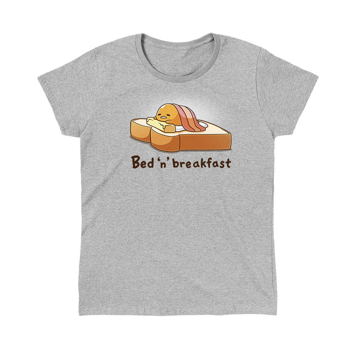 Classic Cotton T-shirt_TeeTurtle heather gray Bed 'n' Breakfast (Gudetama) apparel featuring Gudetama using a piece of toast as a bed, a slice of butter as a pillow, and bacon as a blanket.