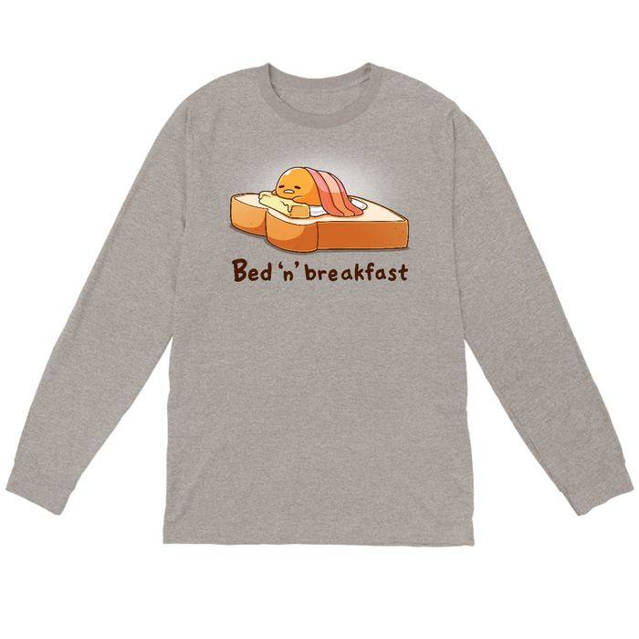 Long Sleeve T-shirt_TeeTurtle heather gray Bed 'n' Breakfast (Gudetama) apparel featuring Gudetama using a piece of toast as a bed, a slice of butter as a pillow, and bacon as a blanket.