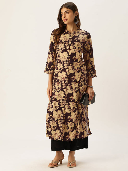Beige & Black Floral Printed A - Line Kurta