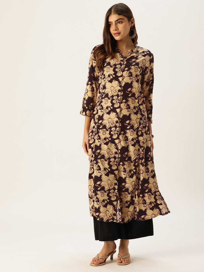 Beige & Black Floral Printed A - Line Kurta