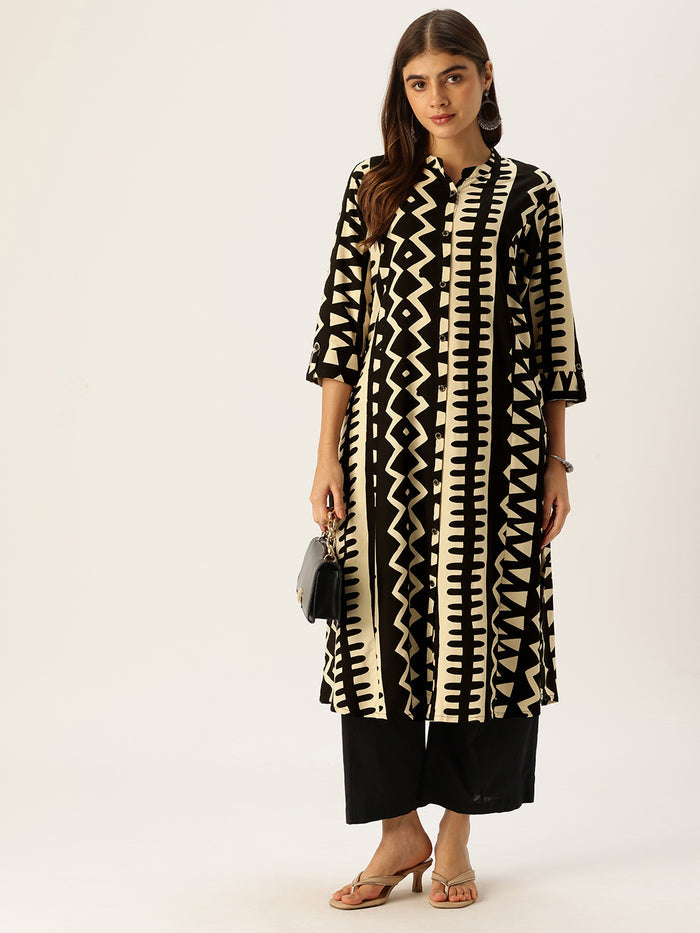 Beige & Black Geometric Printed A - Line Kurta