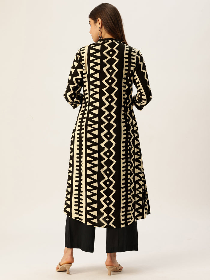 Beige & Black Geometric Printed A - Line Kurta