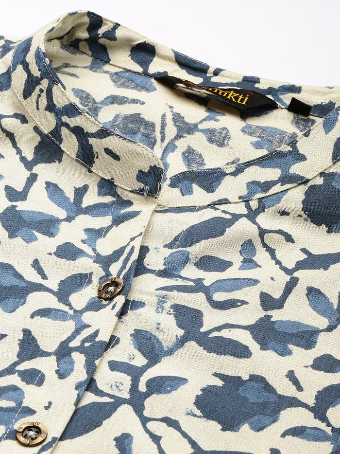 Beige & Blue Printed A Line Kurta, Princess Cur Kurta, A-Line Kurta, Floral Print, Mandarin Collar kurta, printed kurta