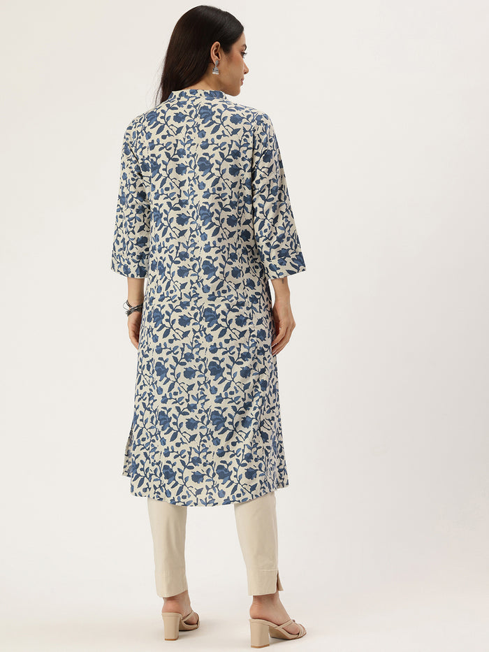 Beige & Blue Printed A Line Kurta, Princess Cur Kurta, A-Line Kurta, Floral Print, Mandarin Collar kurta, printed kurta