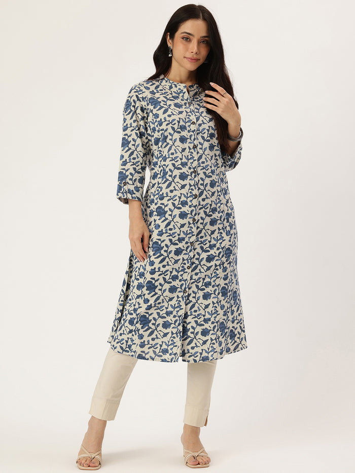 Beige & Blue Printed A Line Kurta, Princess Cur Kurta, A-Line Kurta, Floral Print, Mandarin Collar kurta, printed kurta