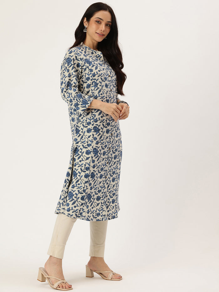 Beige & Blue Printed A Line Kurta, Princess Cur Kurta, A-Line Kurta, Floral Print, Mandarin Collar kurta, printed kurta