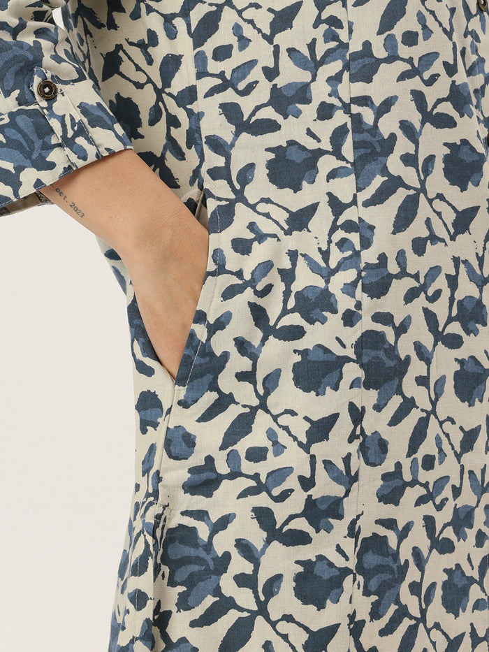 Beige & Blue Printed A Line Kurta, Princess Cur Kurta, A-Line Kurta, Floral Print, Mandarin Collar kurta, printed kurta