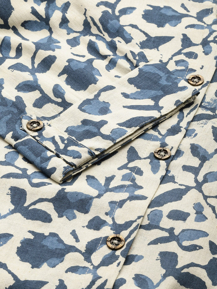 Beige & Blue Printed A Line Kurta, Princess Cur Kurta, A-Line Kurta, Floral Print, Mandarin Collar kurta, printed kurta