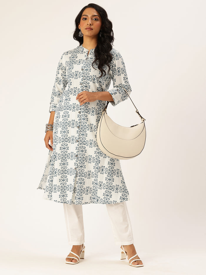 Beige Ethnic Motifs Printed A Line Kurta, Princess Cur Kurta, A-Line Kurta, Floral Print, Mandarin Collar kurta, printed kurta