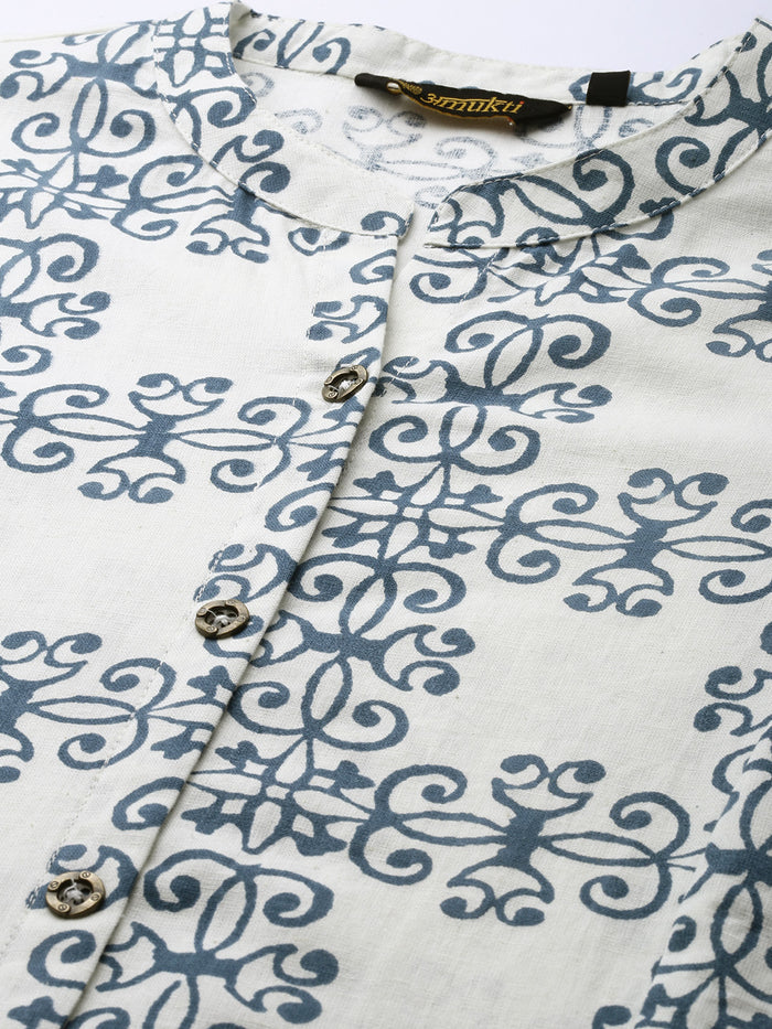 Beige Ethnic Motifs Printed A Line Kurta, Princess Cur Kurta, A-Line Kurta, Floral Print, Mandarin Collar kurta, printed kurta
