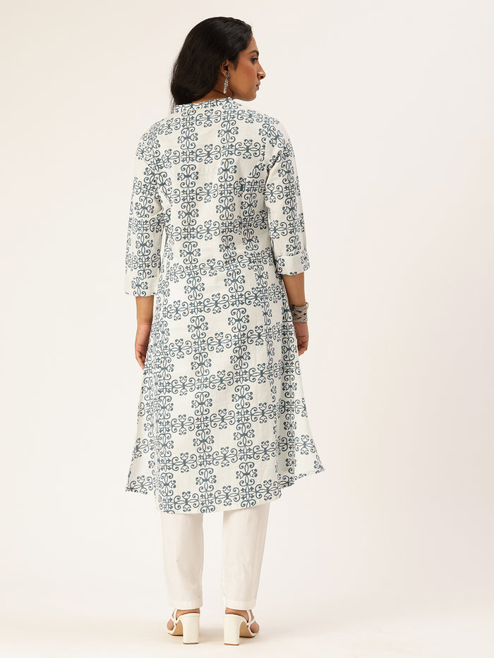 Beige Ethnic Motifs Printed A Line Kurta, Princess Cur Kurta, A-Line Kurta, Floral Print, Mandarin Collar kurta, printed kurta