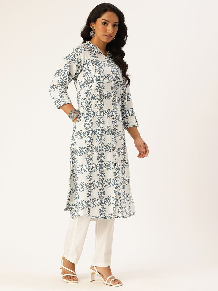 Beige Ethnic Motifs Printed A Line Kurta, Princess Cur Kurta, A-Line Kurta, Floral Print, Mandarin Collar kurta, printed kurta