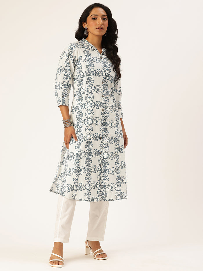 Beige Ethnic Motifs Printed A Line Kurta, Princess Cur Kurta, A-Line Kurta, Floral Print, Mandarin Collar kurta, printed kurta